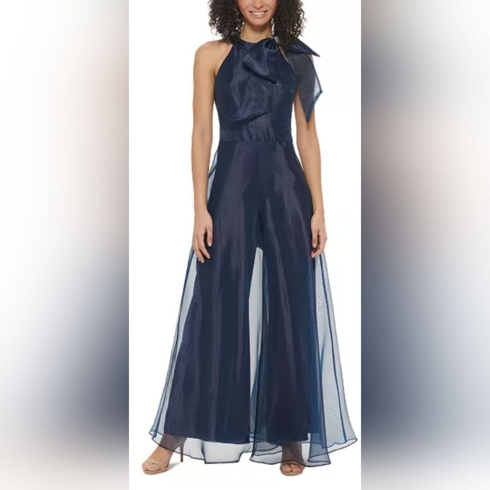Eliza J Organza Bow-Trim Halter Jumpsuit NWT Size 8 Blue